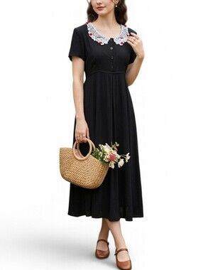 Betsy’S Things Vintage Black Cottagecore Midi Dress Crochet Lace Rose Collar